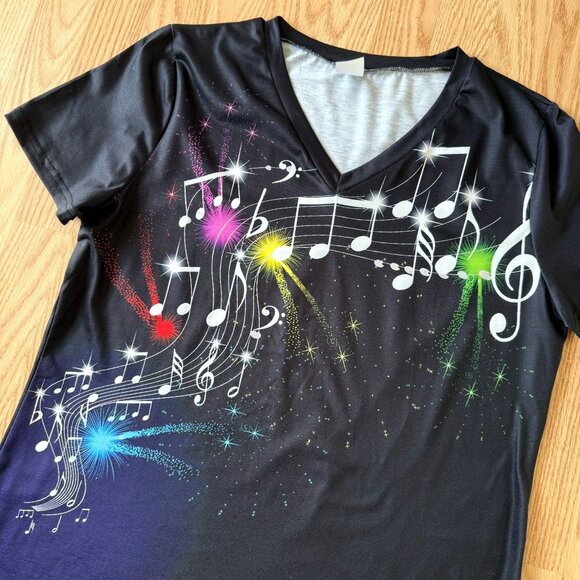Womens Music Notes Graphic Tee Size XL Black Rainbow Print V Neck Shirt Top - Picture 3 of 7